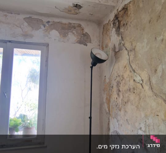 קיר עם קילופים וסדקים ליד חלון וכיסא